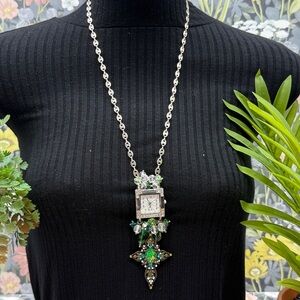 Adorned Crown Jewelry assemblage crystal glass bead watch cross green necklace